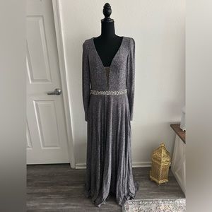 JOVANI Sparkly Charcoal Long Sleeve Gown